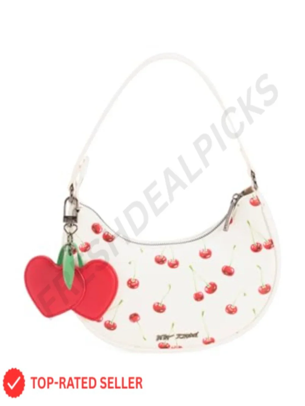 Crescent Hobo Handbag Faux Leather Cherry Print Detachable Heart Charm Shoulder